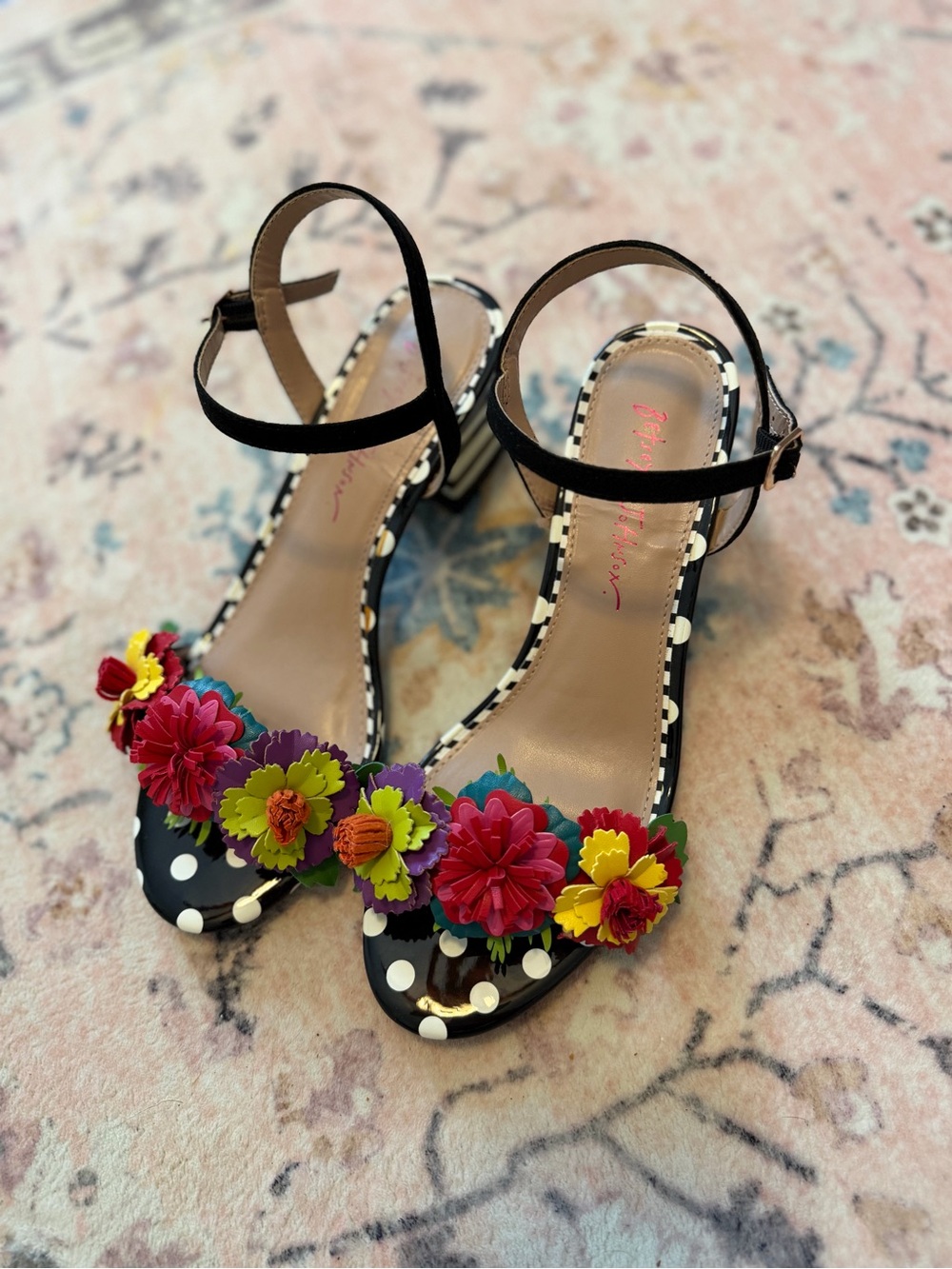 Betsey Johnson Black Floral Polka-Dot Ankle-Strap Heels